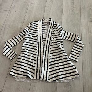 Anthropologie Postage Stamp XS Striped Black & Ivory Cardigan W Lace Trim